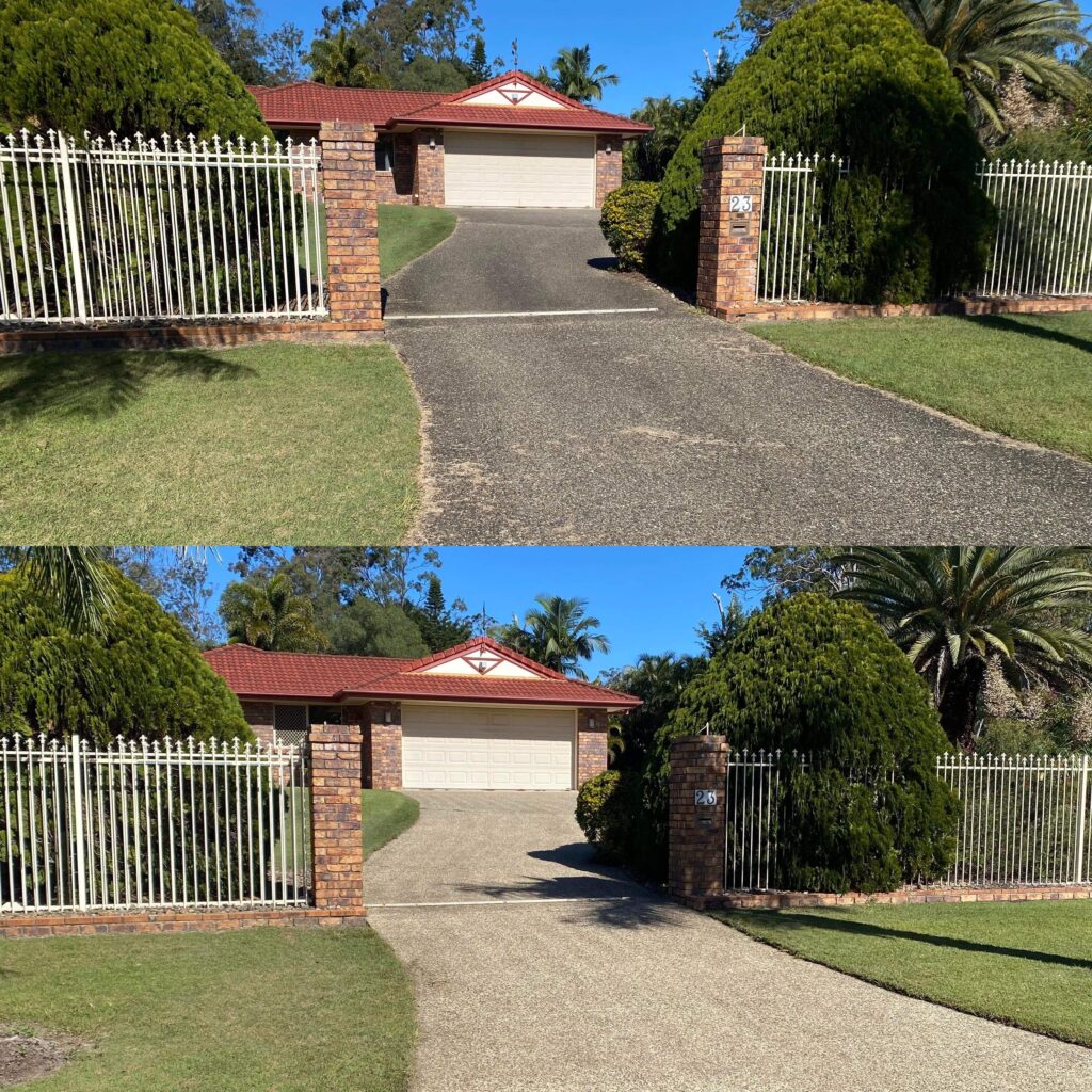 Forest Dale before and after of front driveway that has been pressure washed and sealed.